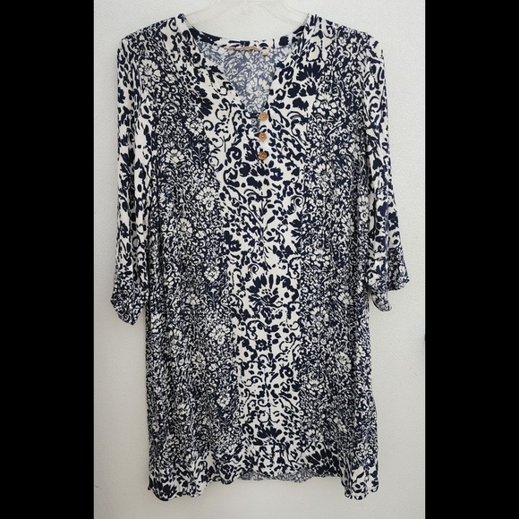 Soft Surroundings Shift Dress Sz 1X Blue Rayon Boho Coastal 3/4 Sleeves Pullover - Picture 1 of 16